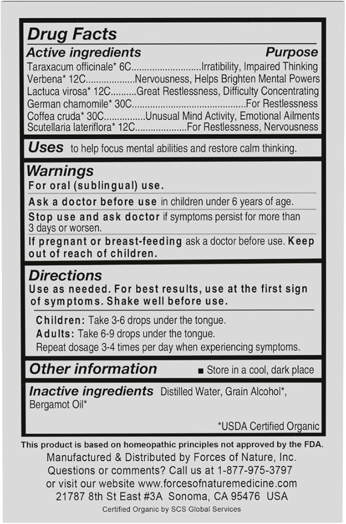 Forces of Nature Focus Supplement, Focus More Homeopathic Medicine, Nootropics Brain Support Supplement, Helps Memory & Concentration, 1 fl oz