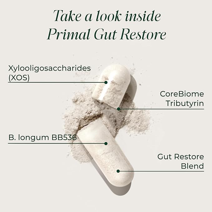 Primal Harvest Restore for Gut Health, Primal Gut Restore w/POSTbiotics, PREbiotics and PRObiotics for Women and Men, 60 CT - Digestion, Colon Cleanse, Immunity Support - Helps Leaky Gut Repair