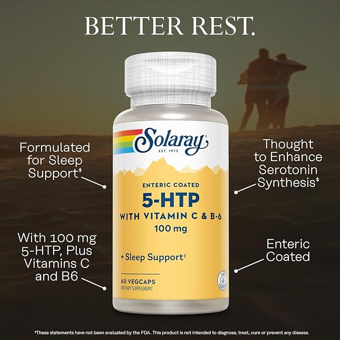 SOLARAY 5 HTP Supplement with Vitamin C & B-6 - Sleep Supplement and Serotonin Synthesis Support - Lab Verified, 60-Day Money-Back Guarantee - 60 Servings, 60 Enteric Coated VegCaps