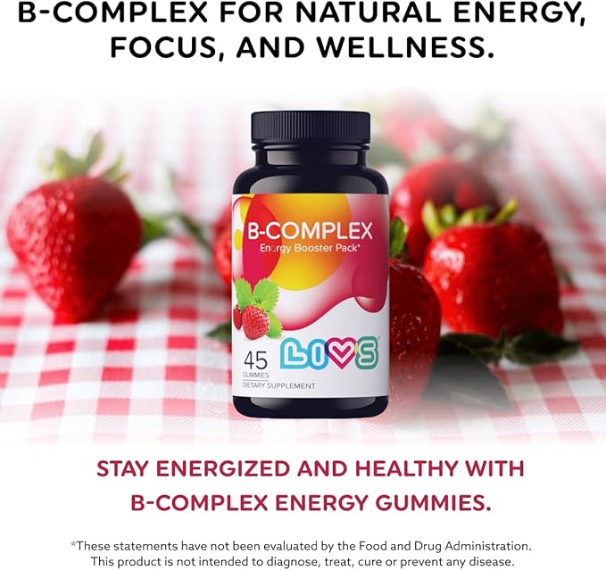 LIVS Vitamin B Complex Gummies with B12, Biotin, B3, B6 & Vitamin C for Kids & Adults | Energy, Support & Recovery Supplement | Promotes Mood, Metabolism & Nerve Function | Strawberry Flavor – 45 Ct