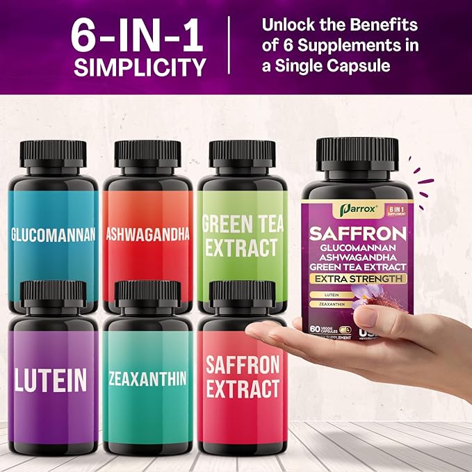 Saffron Supplement with Glucomannan, Ashwagandha, Green Tea Extract, Zeaxanthin & Lutein, Vision Support & Daily Wellness Formula, Extra Strength Plant-Based Capsules, 4 Month Supply (2 Pack)