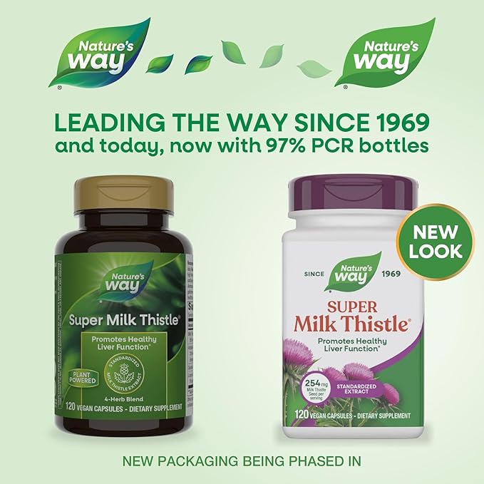 Nature's Way Super Milk Thistle, Promotes Healthy Liver Function*, With Artichoke Leaf, Dandelion Root & Licorice Root Extracts, Milk Thistle Extract, Gluten Free, 120 Capsules (Packaging May Vary)