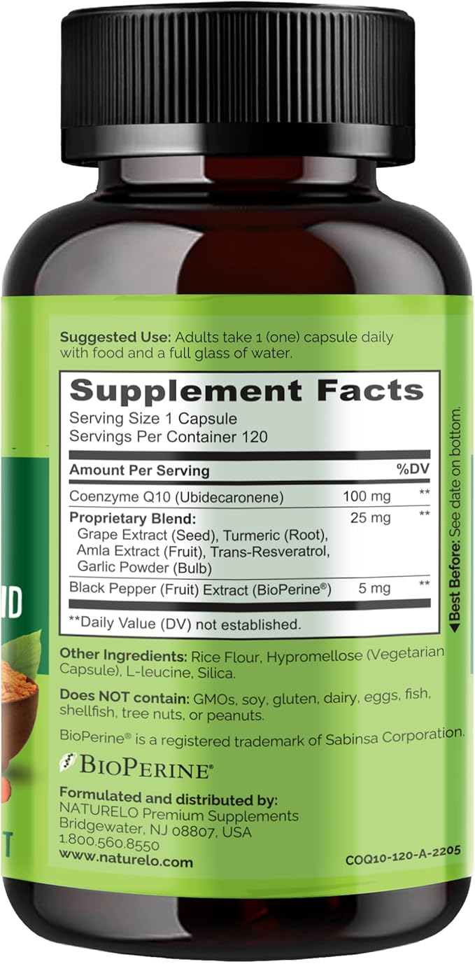 NATURELO Whole Food CoQ10 Supplement, 120 Veg Capsules, Heart Health Blend, Powerful Antioxidant, CoQ10 100mg Supports Energy Production