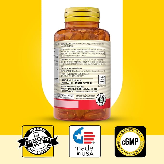 MASON NATURAL Omega,3 Fish Oil, 200,Day Supply, 1000mg with EPA and DHA for Joint Support, Softgel Pills