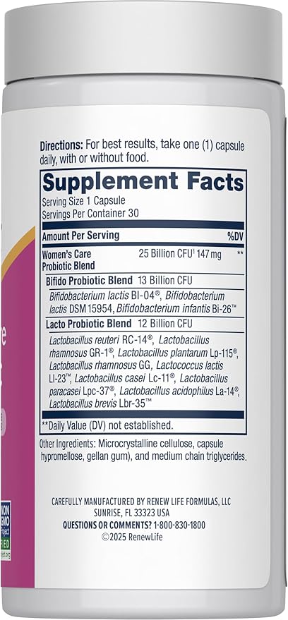 Renew Life Probiotics for Women, 25 Billion CFU Guaranteed, Probiotic Supplement for Digestive, Vaginal & Immune Health, Shelf Stable, Soy, Dairy & Gluten Free, 30 Capsules