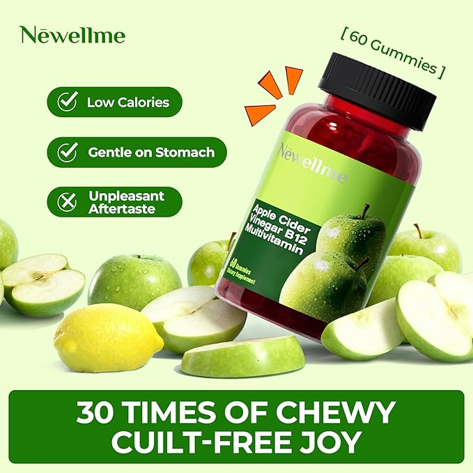 NEWELLME ACV Gummies with the Mother & B12 – Sugar-Free, Great-Tasting Vegan Gummies for Digestion, Metabolism & Daily Energy Support, 180 Count