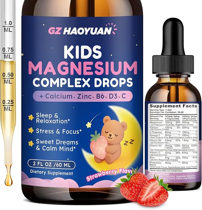 Kids Magnesium Liquid Drops - Magnesium Glycinate Drops for Kids, Citrate Liquid with Calcium, Omega-3, L-theanine, Zinc, Vitamin B6 D3 C for Sleep, Relaxation, Calm & Focus, Strawberry Flavor,2 Fl Oz