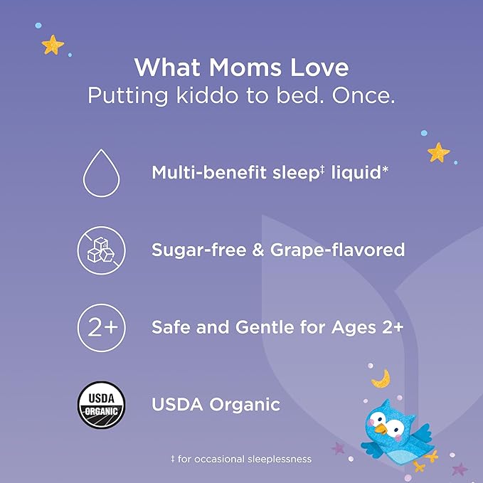 Hyland's Kids Melatonin-Free Organic Sleep Calm & Immunity Liquid, Sugar-Free with Magnesium, Vitamin D, Zinc & Elderberry, Promotes Sleep & Supports Immune Health, Ages 2+, Grape Flavor, 4 Fl. Oz.