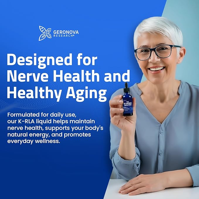 Geronova Research The R-Lipoic Solution, 2 fl oz – Potassium-Stabilized R-Lipoic Acid Liquid for Healthy Aging, Supports Nerve Health, and Cellular Balance – Fast-Absorbing 3-Ingredient RLA Drops