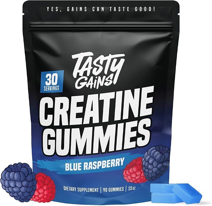 TASTY GAINS Creatine Gummies - 90g of Creatine Monohydrate - Workout Supplements - Build Muscle & Boost Strength for Men & Women - Made in USA - Non GMO - Vegan Friendly (Large, Blue Raspberry)
