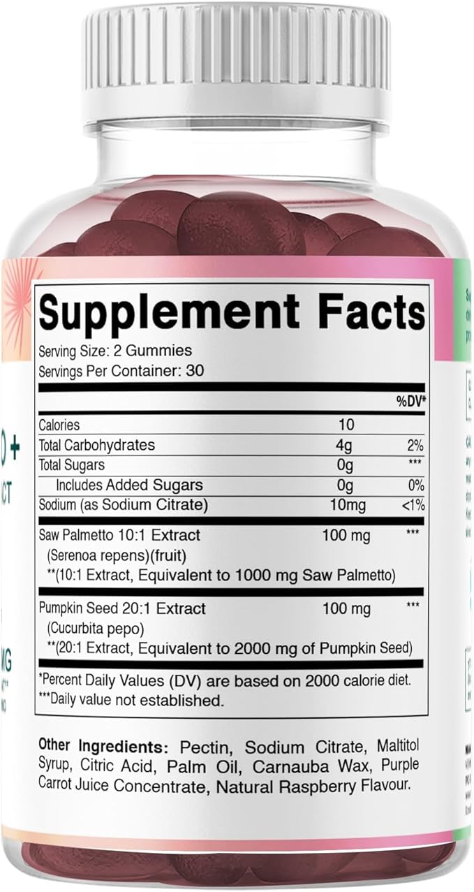 Vitamatic Saw Palmetto & Pumpkin Seed Gummies – Sugar-Free Botanical Extract – Natural Raspberry Flavor – Vegan, Non-GMO, Plant-Based Gummies – 60 Count