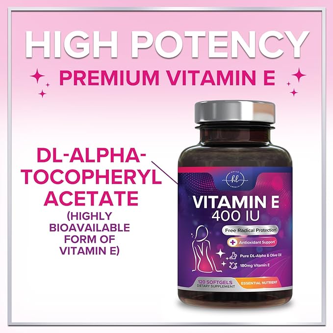 Vitamin E - 180 mg per Serving - Powerful Hair & Skin Support Supplement - dl-Alpha VitaminE Immune Health Support with Antioxidants - Easily Absorbed GMO & Gluten Free, Bottled in USA - 120 Softgels
