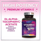 Vitamin E - 180 mg per Serving - Powerful Hair & Skin Support Supplement - dl-Alpha VitaminE Immune Health Support with Antioxidants - Easily Absorbed GMO & Gluten Free, Bottled in USA - 120 Softgels