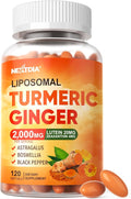 Liposomal Turmeric and Ginger Supplement Pills w/Lutein Zeaxanthin Softgels, Organic Turmeric Curcumin with Black Pepper 2000mg Gel Capsules, 95% Curcuminoids, Superior Absorption, Non-GMO, 120ct