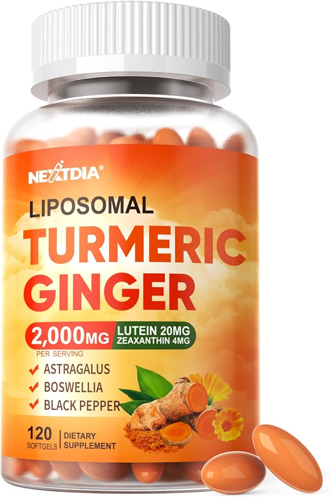 Liposomal Turmeric and Ginger Supplement Pills w/Lutein Zeaxanthin Softgels, Organic Turmeric Curcumin with Black Pepper 2000mg Gel Capsules, 95% Curcuminoids, Superior Absorption, Non-GMO, 120ct