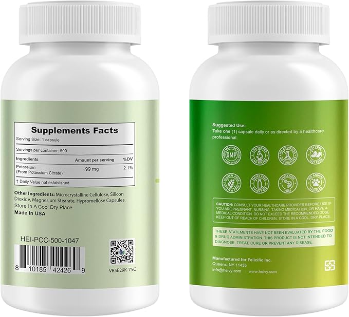 Heivy Potassium Citrate 99mg – 500 Capsules | Potassium Supplement for Electrolyte Support | Vegan, Gluten-Free| Lab Tested | Made in USA