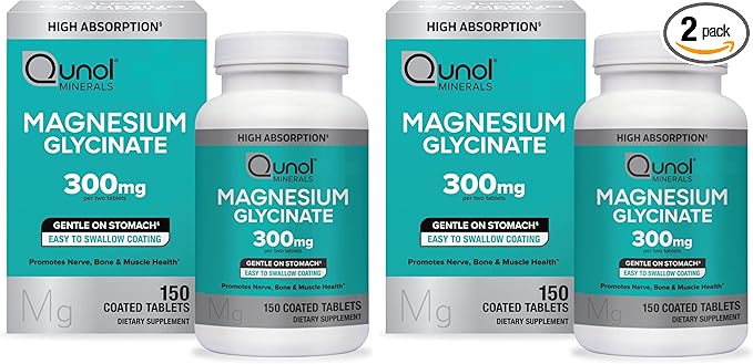 Qunol Magnesium Glycinate 300mg,100% Glycinate Chelated Magnesium Supplement,150ct Tablets,(Pack of 2)