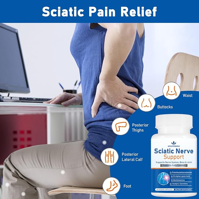 Sciatic Nerve Support Supplement, Advanced Sciatic Nerve Support Formula with Pea, Alpha Lipoic Acid, Benfotiamine, 60 Capsules