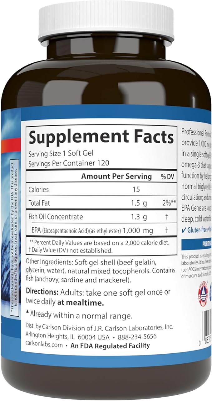 Carlson - Elite EPA Gems, 1000 mg EPA Fish Oil, Wild-Caught, Norwegian Fish Oil, Sustainably Sourced, Helps Maintain Healthy Triglyceride Levels, 120 Softgels