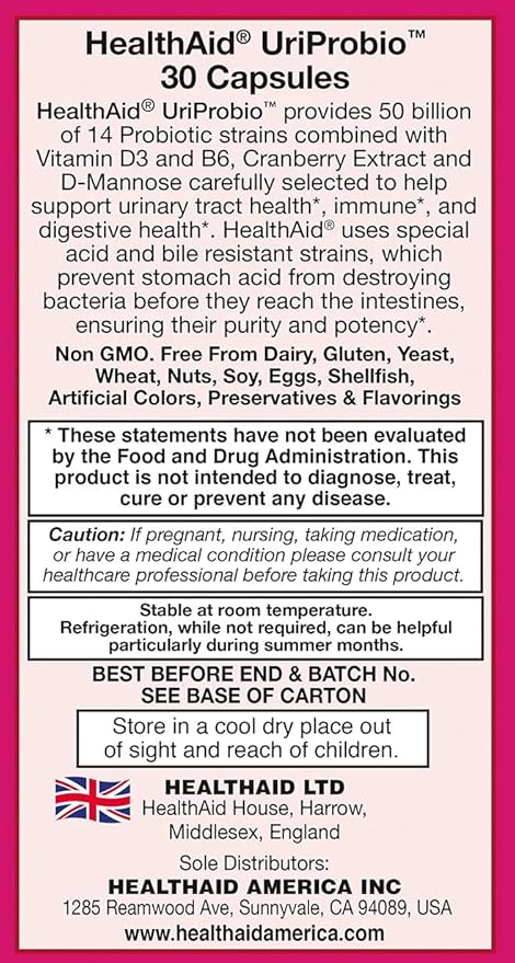 HealthAid UriProbio – 50 Billion CFU Women’s Probiotic with Prebiotic, Cranberry, D-Mannose, Vitamin D₃ & B₆ | Supports Urinary Tract & Digestive Wellness, Acid & Bile Resistant, Vegan