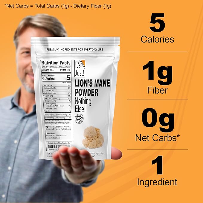 It's Just! - Lion's Mane Mushroom Powder, Natural Raw Superfood, Brain Support, Immune Health, Boost Energy, Non-GMO, 8oz