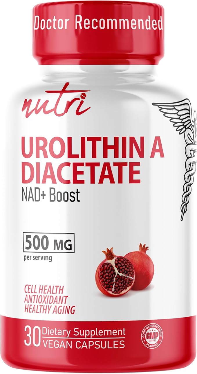 Nutri Urolithin A Supplement 500mg - Powerful Antioxidant, Health & Wellness Booster - 3rd Party Tested - 500 mg Urolithin A Diacetate - 30 Vegan Capsules 2 Week+ Supply - NSF cGMP Certified Facility