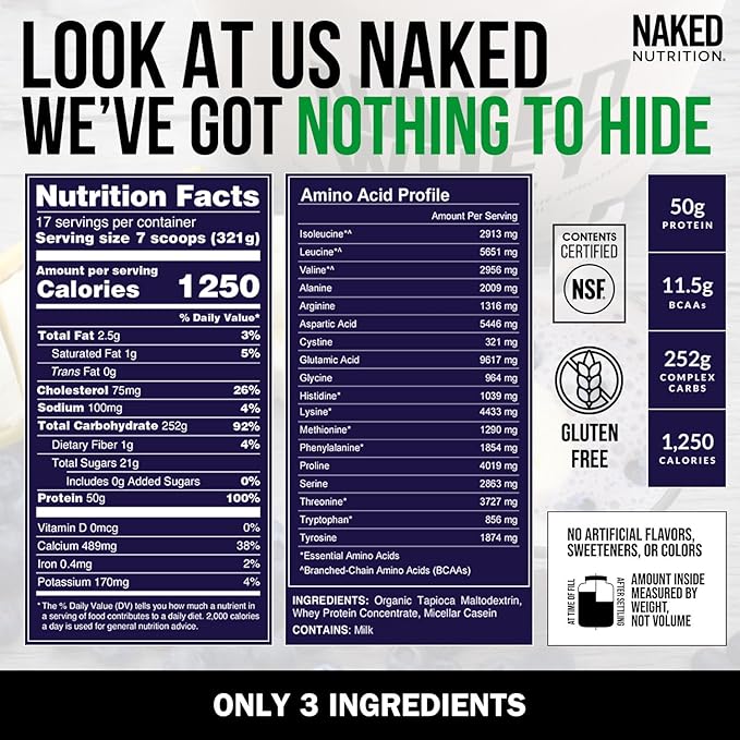 NAKED Mass - Natural Weight Gainer Protein Powder - 12LB Bulk, NSF Certified, GMO Free, Gluten Free & Soy Free. No Artificial Ingredients - 1,250 Calories per Serving