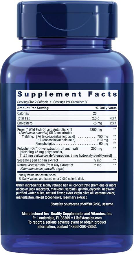 Life Extension Super Omega-3 Plus EPA/DHA Fish Oil, Sesame Lignans, Olive Extract, Krill & Astaxanthin - Heart, Brain & Joint Health Support - Gluten-Free, Non-GMO - 120 Softgels
