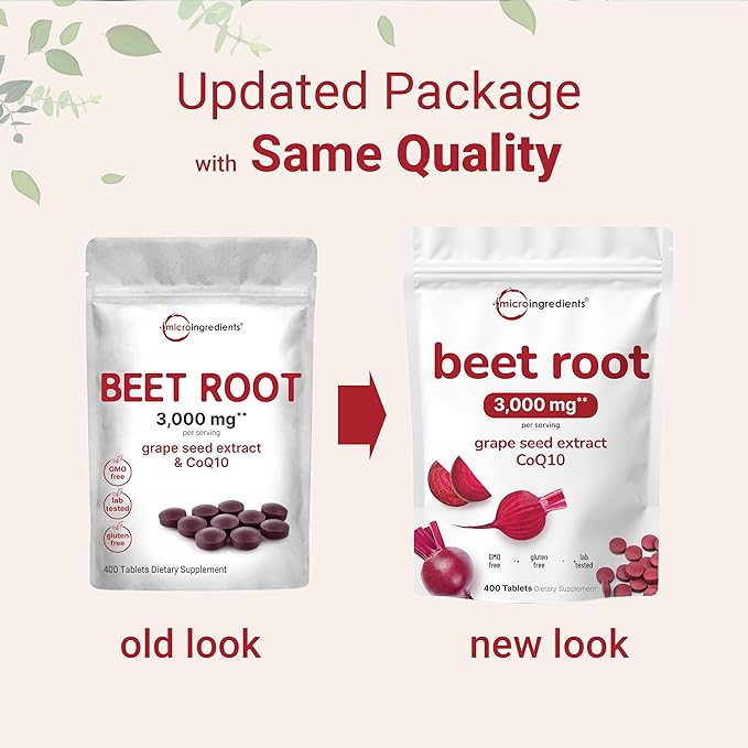 Micro Ingredients Beet Root 3,000mg with Grape Seed Extract & CoQ10, 400 Tablets | 200 Servings | Super Beets Supplements from Fresh Beetroot Extract