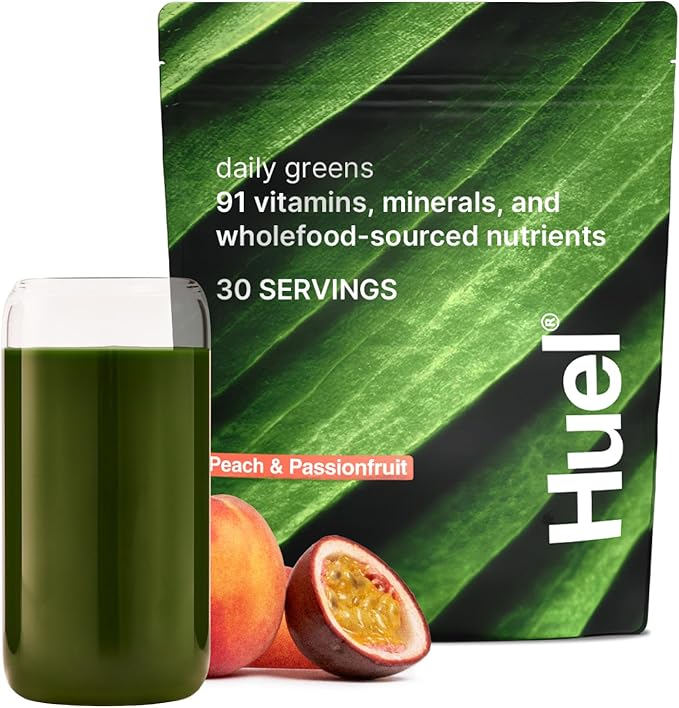 Huel Daily Greens Peach Passionfruit | Superfood Greens Powder | 91 Vitamins, Minerals, and Wholefood-Sourced Ingredients | Adaptogens, Antioxidants, Gut-Friendly Probiotics | 30 Servings