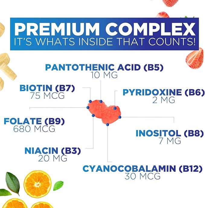 Vitamin B Complex Gummies - Extra Strength Super B Vitamin Gummy with Vitamin C For Immune Support - Energy Support Supplements with Folic Acid, Niacin, B6, B12 & Biotin for Men & Women - 120 Gummies
