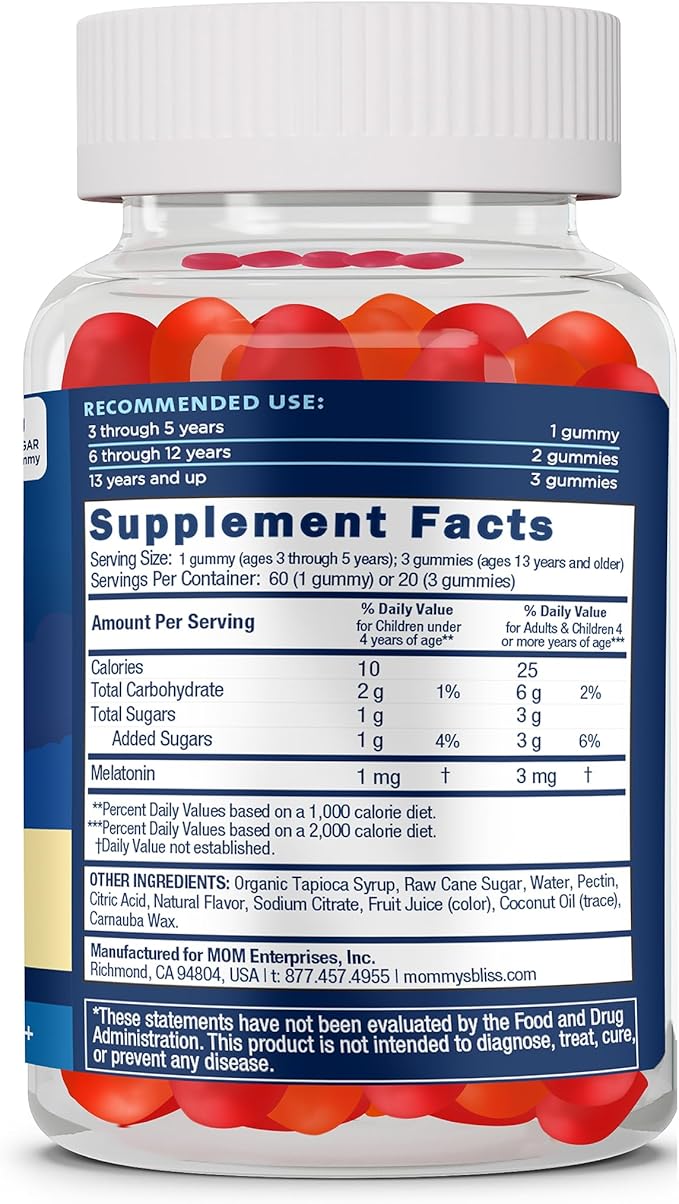 Mommy's Bliss Kids Sleep Melatonin Gummies, No Artificial Colors, Flavors or Gelatin, Strawberry Flavor, Age 3+, 60 Gummies (Packaging May Vary) (Pack of 2)