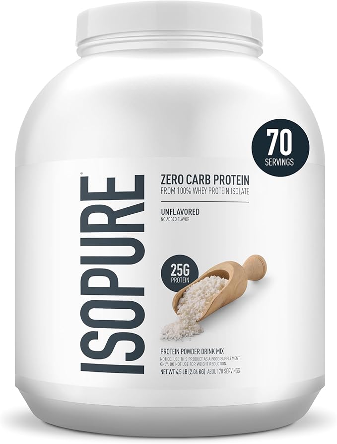 Isopure Zero Carb 100% Pure Whey Isolate Protein Powder, Gluten-Free, with Vitamins, Unflavored, 25g Protein Per Serving, 4.5 Lbs, 70 Servings (Packaging May Vary)