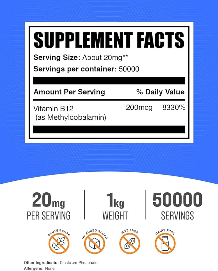 BulkSupplements.com Vitamin B12 Methylcobalamin Powder - 1% B12 Methylcobalamin, Essential B Vitamin - B12 Supplement, Gluten Free, 20mg per Serving, 1kg (2.2 lbs) (Pack of 1)