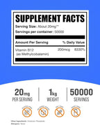 BulkSupplements.com Vitamin B12 Methylcobalamin Powder - 1% B12 Methylcobalamin, Essential B Vitamin - B12 Supplement, Gluten Free, 20mg per Serving, 1kg (2.2 lbs) (Pack of 1)