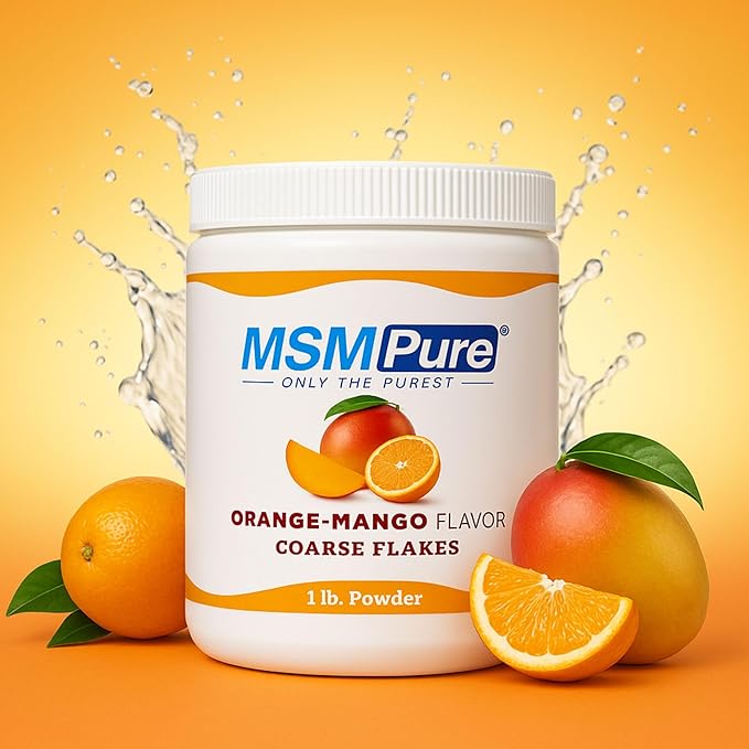 KALA HEALTH MSMPure Orange Mango Flavored Coarse MSM Powder Flakes – US-Made MSM for Joint Health, Skin Appearance, and Hair & Nail Support – 1 lb, Organic Sulfur