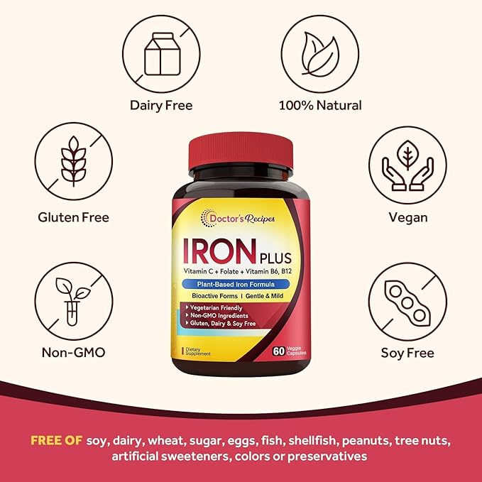 Doctor's Recipes Iron Supplement for Women Men - Gentle Iron Bisglycinate with Vitamin C, B6, Folate & B12, Stomach Friendly Iron Pills, 60 Vegan Caps