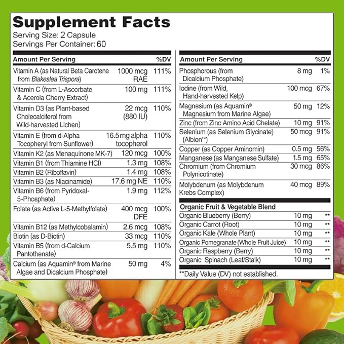 All Natural Multivitamins & Minerals + B Complex + Calcium + Magnesium + Zinc, 100% Vegan Sourced Whole Food Supplement, Complete Nutritional Support for Men & Women, 2 Month Supply, 120 Softgels