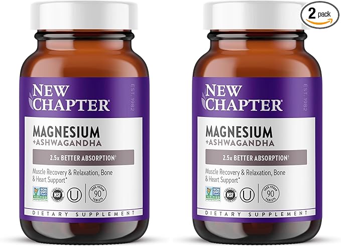 New Chapter Magnesium + Ashwagandha Supplement, 325 mg with Magnesium Glycinate for Muscle Relaxation & Recovery, Heart, Nerve & Bone Health, 2.5X Absorption,Non-GMO-90 ct (3 Month Supply),(Pack of 2)