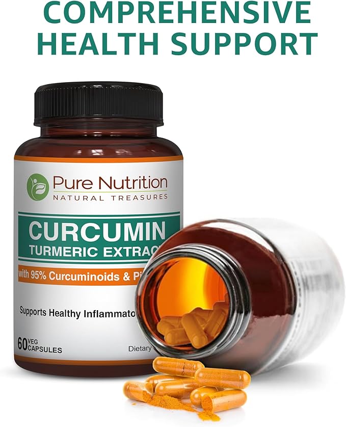 Pure Nutrition Curcumin Turmeric Supplement, 95% Curcuminoids & Piperine 95% | Supports Inflammation Response| Non-GMO | 60 Veg Capsules