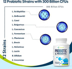 Probiotics for Women & Men, 300 Billion CFU Probiotics from 12 Strains + Organic Prebiotics Blend for Daily Digestive, Immune, Gut, Bloating, Gut Health for Women & Men, Shelf Stable - 60 Capsules