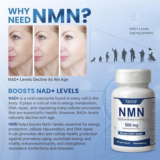 NMN 500 mg Supplement Easily Absorbed Nicotinamide Mononucleotide Form, a Precursor and NR Supplement Alternative that Supports Healthy Aging and Energy Metabolism | Non-GMO, 60 Vegan Capsules