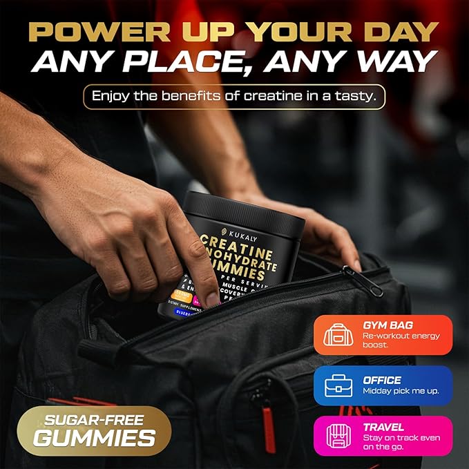 KUKALY Creatine Monohydrate Gummies for Men & Women, 9000MG Creatine Gummies Sugar Free Mixed Flavored with L-Taurine, BCAA 2:1, B12 B6 for Boost Strength, Focus & Endurance, Vegan, Non-GMO, 2 Bottle