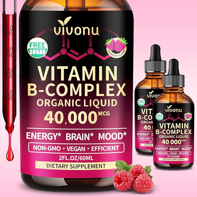 VivoNu Vitamin B Complex Liquid Drops, Methylated Vitamin B12 6000 mcg, B1, B6, B3, B5, B2, Folate, Biotin with Vitamin C D A E, Magnesium, Zinc, CoQ10 for Energy (2 Bottle)