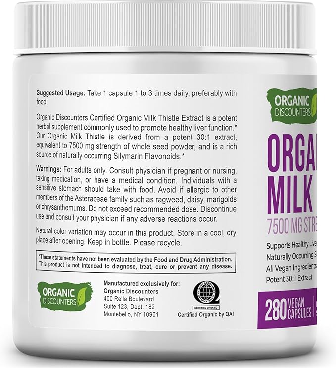 USDA Organic Milk Thistle 30:1 Extract Capsules, 280 Vegan Capsules, Rich in Silymarin Flavonoids, Liver Cleanse and Liver Detox Support, Standardized 30X Extract, Made in the USA