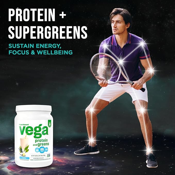 Vega Premium Protein + Supergreens, Vanilla – 20g Vegan Protein, Dairy & Gluten Free, 19.2 oz (18 Servings)