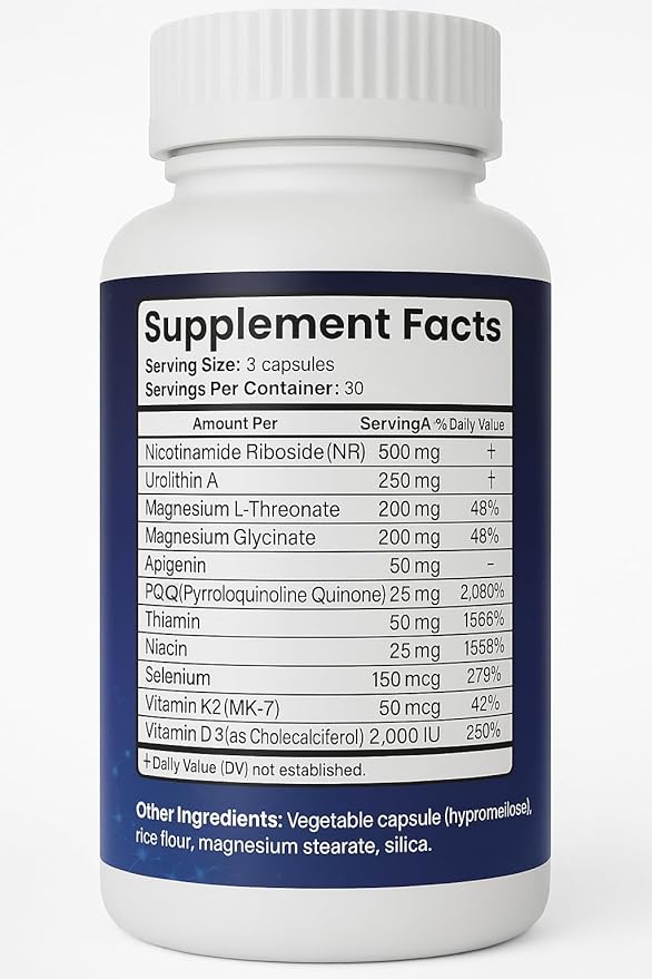 MitoFusion Complete Anti Aging NAD+ and Mitochondria Support Formula with 500mg Nicotinomide Riboside, 250mg Urolithin A, 25mg PQQ, 50mg Apigenin. Energy | Focus | Longevity | Performance | Recovery