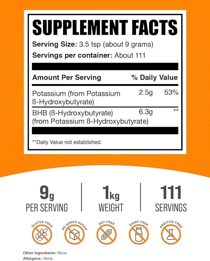 BulkSupplements.com Potassium BHB Powder - Beta-Hydroxybutyrate Powder, Unflavored Potassium BHB Supplement - Vegan & Gluten Free, 9g per Serving, 1kg (2.2 lbs) (Pack of 1)