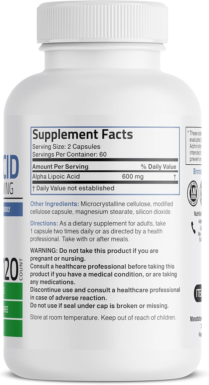 Bronson Alpha Lipoic Acid 600mg Free Radical Scavenger Supports Antioxidant Health - Non-GMO, 120 Vegetarian Capsules (60 Servings)