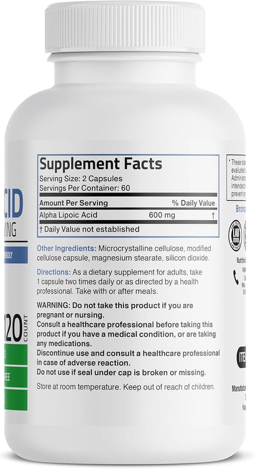 Bronson Alpha Lipoic Acid 600mg Free Radical Scavenger Supports Antioxidant Health - Non-GMO, 120 Vegetarian Capsules (60 Servings)